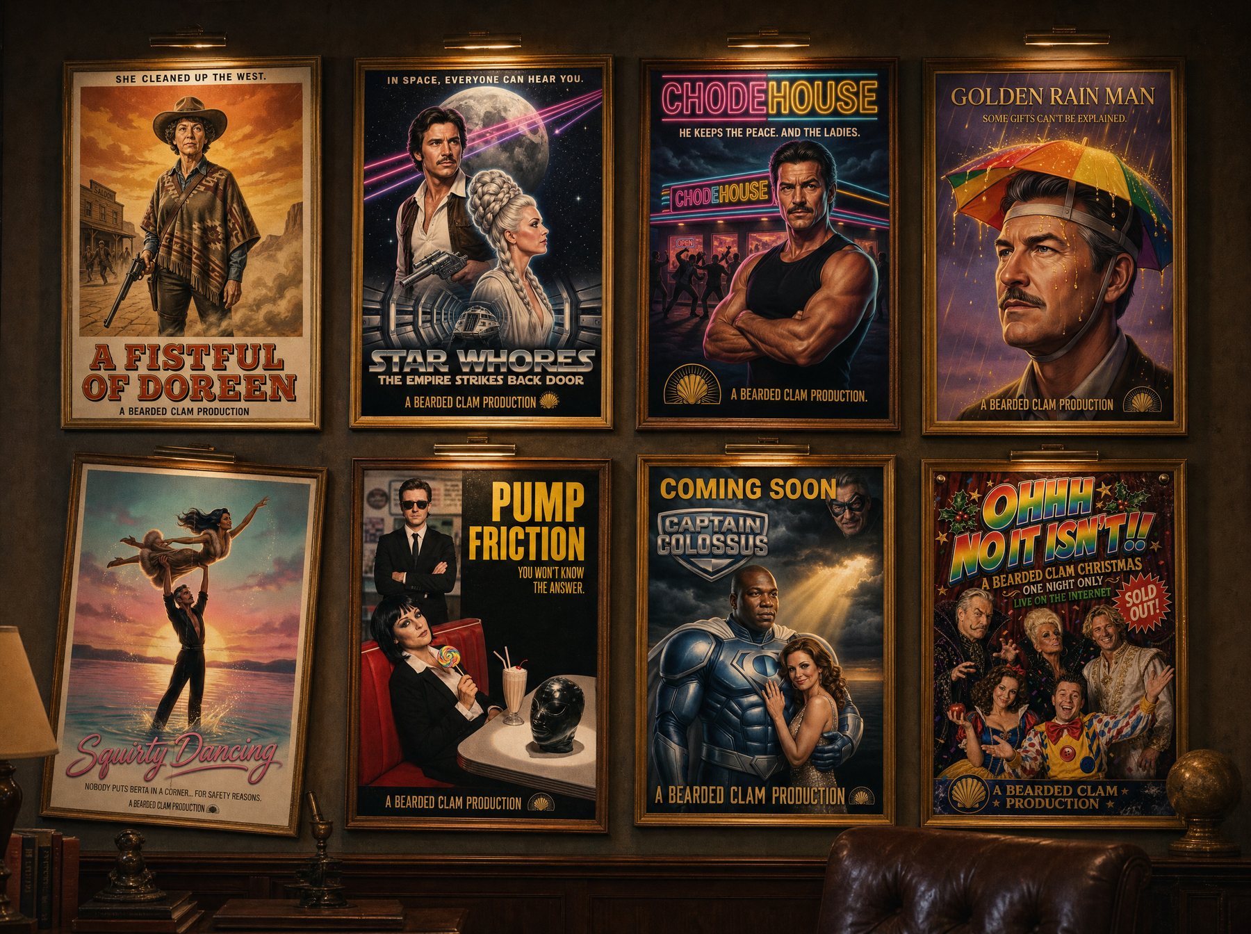 The Bearded Clam Productions back catalogue: eight framed movie posters on the office wall, from A Fistful of Doreen (1981) to Ohhh No It Isn't!! Live (2002). The Squirty Dancing frame hangs permanently crooked.